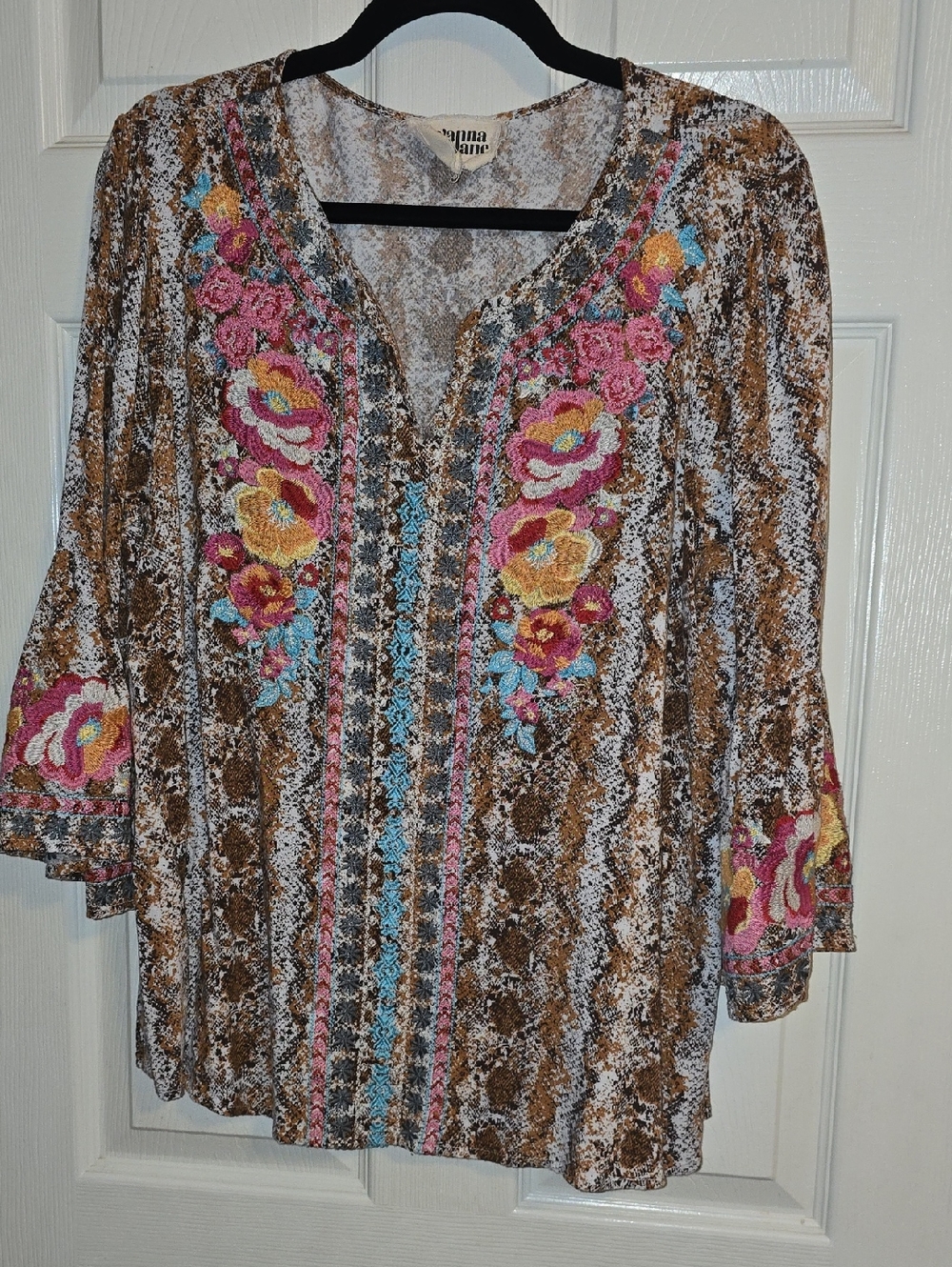 Savanna‎ Jane Brown Tunic with Pink, Yellow & Blue Floral Embroidery